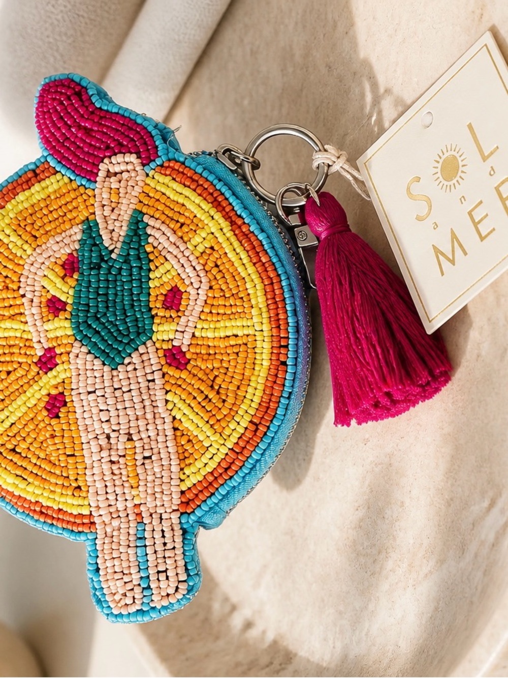 Sol and Mer Beaded Swim Girl Coin Pouch - Multicolor (Pink Tassel)